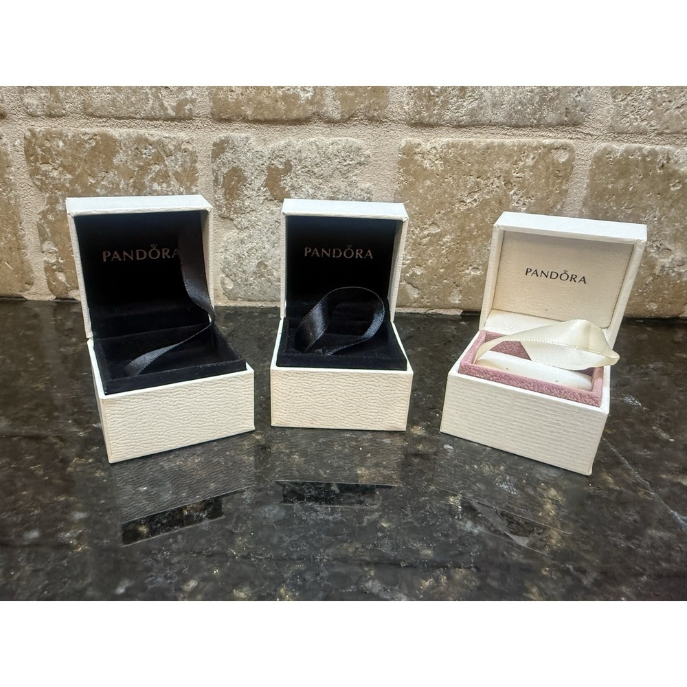 Lot‎ of 3 Empty WHITE Pandora Charm Boxes Small Black & Pink Lined